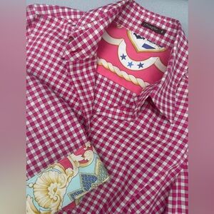 J McLaughlin Gingham Check Button Down Size 4 Contrast Cuffs Lining Whimsical